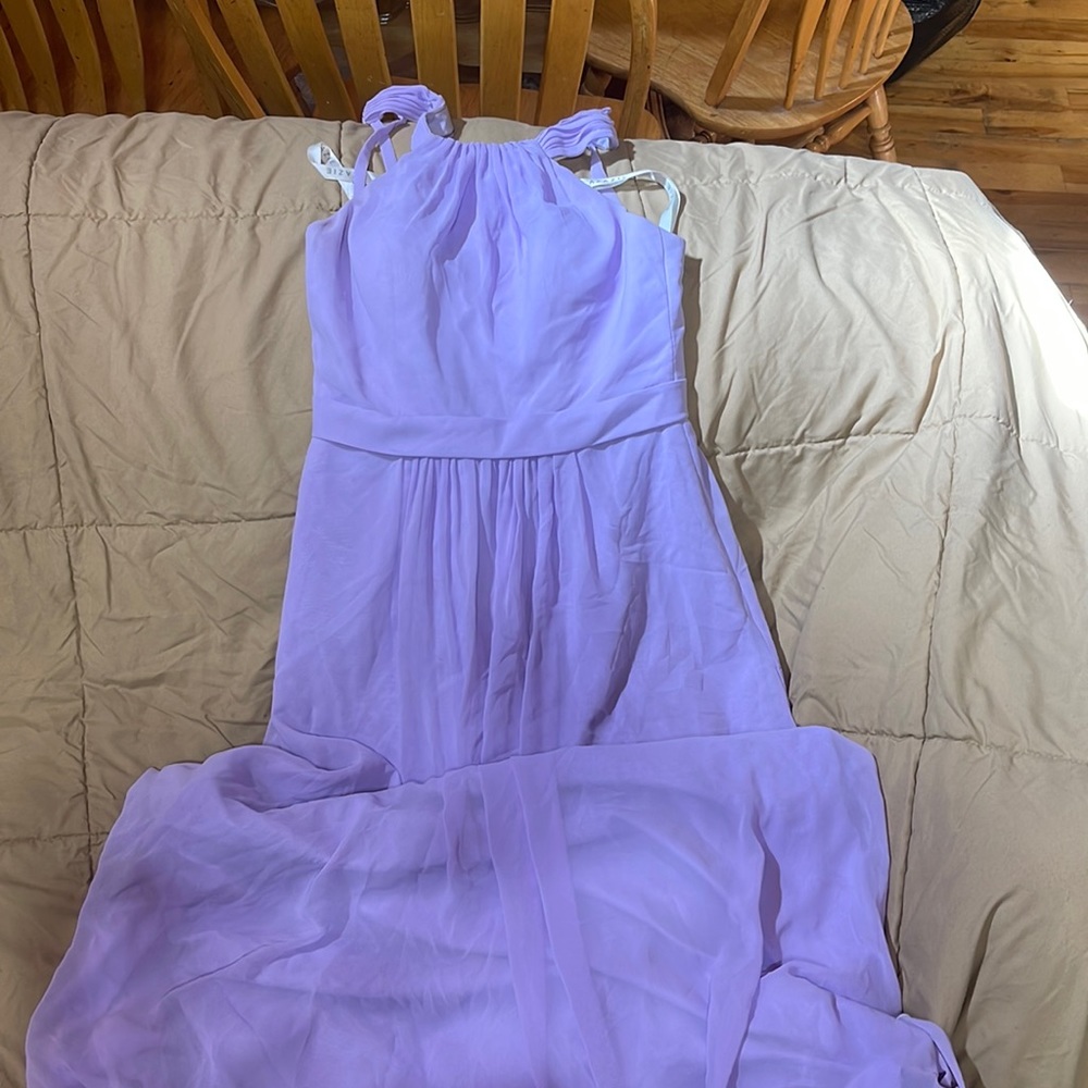 Full length Azazie light purple bridesmaid dress